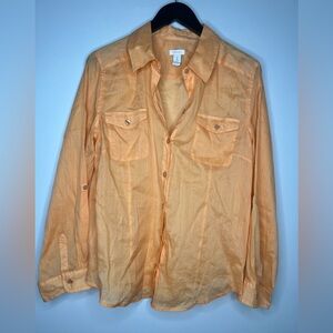 Chicos Sz 2, Orange Ramie Cotton Button Up Shirt Roll Tab Sleeve Sheer Top